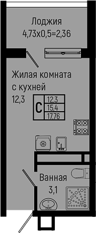 Студия, 15.4 м², 14/16 этаж, ЖК «Sun Hills Ольгинка»