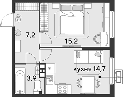 1-комн., 41 м², 6/9 этаж, ЖК «Парк Победы»