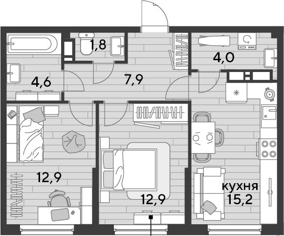 2-комн., 59.3 м², 11/16 этаж, ЖК «DОГМА ПАРК»