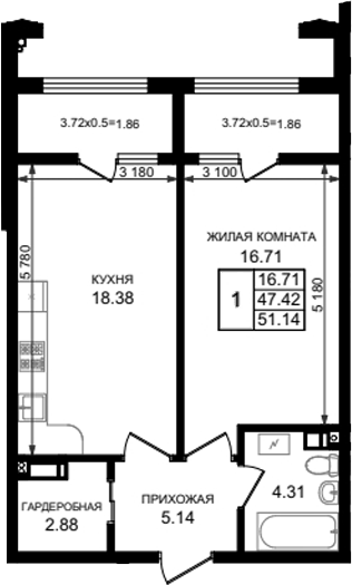 Продается 1-комн. квартира, 47.42 м²