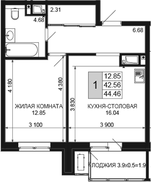 2-комн., 42.56 м², 2/16 этаж, ЖК «Сегодня»