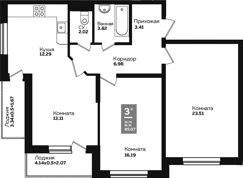 3-комн., 78.16 м², 2/24 этаж, ЖК «Левада»
