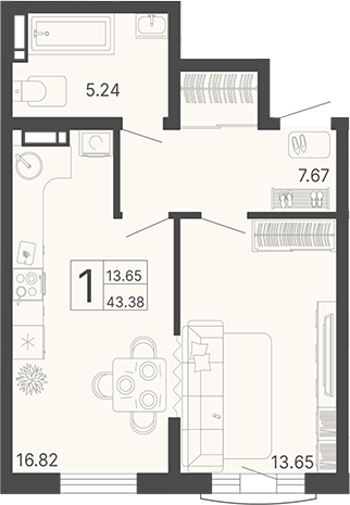 1-комн., 43.38 м², 3/13 этаж, ЖК «Светский лес»
