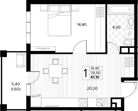 1-комн., 39.5 м², 4/6 этаж, ЖК «Кипарис»