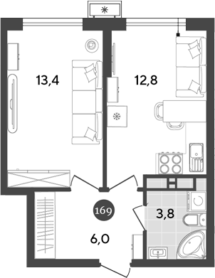 2-комн., 36 м², 11/18 этаж, ЖК «Порто-Ново»