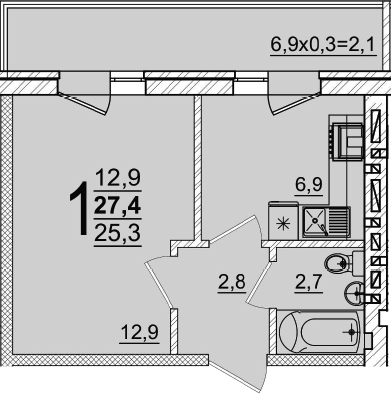 1-комн., 25.3 м², 4/5 этаж, ЖК «Дарград»