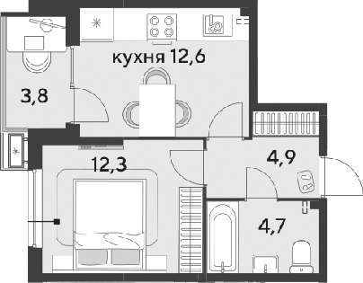 1-комн., 34.5 м², 2/9 этаж, ЖК «Парк Победы»