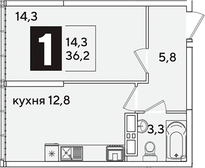 1-комн., 36.2 м², 16/16 этаж, ЖК «Самолет»