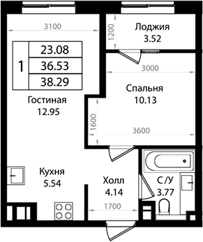 2-комн., 36.53 м², 3/18 этаж, ЖК «Патрики»