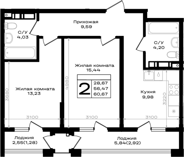 2-комн., 56.47 м², 4/9 этаж, ЖК «ЮЖНО»