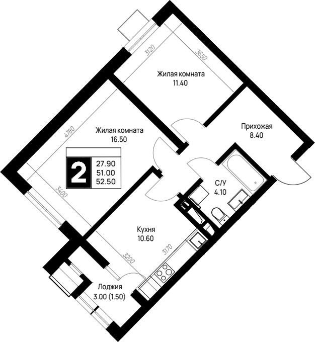 2-комн., 51 м², 2/12 этаж, ЖК «На высоком берегу»