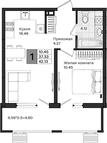 1-комн., 37.33 м², 3/8 этаж, ЖК «МОНО квартал»