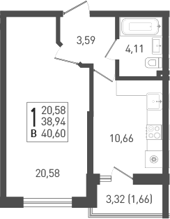 Продается 1-комн. квартира, 39.58 м²