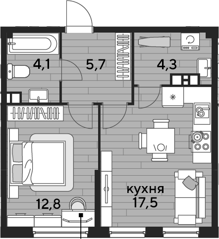 1-комн., 44.4 м², 4/16 этаж, ЖК «DОГМА ПАРК»