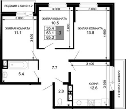 3-комн., 63.1 м², 13/16 этаж, ЖК «Дыхание»
