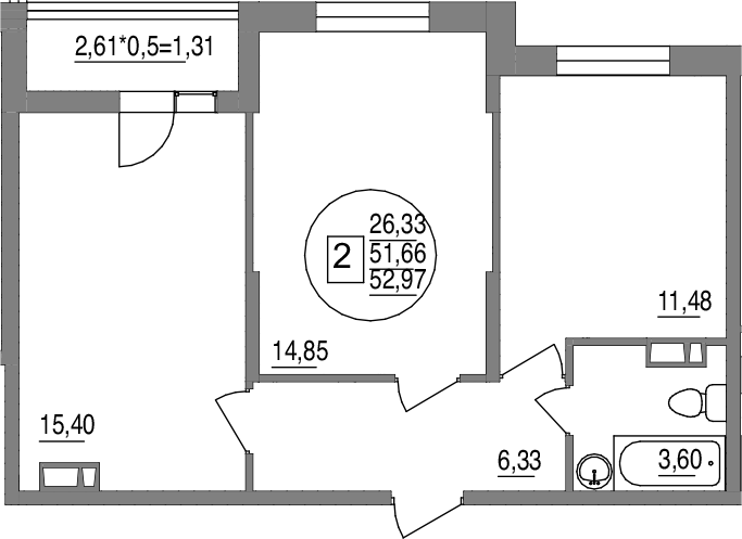 2-комн., 51.66 м², 9/12 этаж, ЖК «Друг»