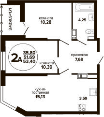 3-комн., 51.69 м², 2/24 этаж, ЖК «Гулливер»