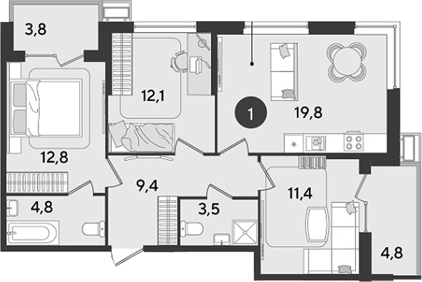 3-комн., 73.8 м², 2/9 этаж, ЖК «Парк Победы»