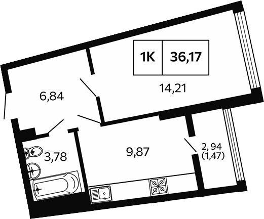 1-комн., 34.7 м², 7/10 этаж, ЖК «Отражение. Носта»