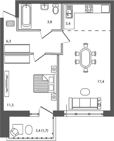 2-комн., 44.2 м², 1/9 этаж, ЖК «Сиреневый бульвар»