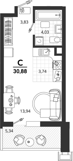 Продается 1-комн. квартира, 25.54 м²