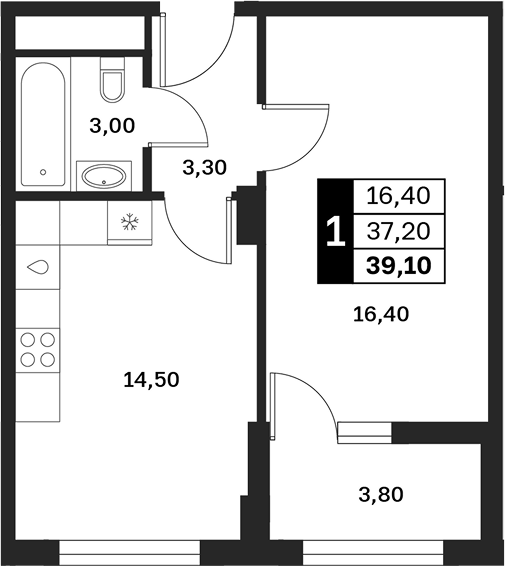 1-комн., 37.2 м², 7/9 этаж, ЖК «Аксис Патриот»