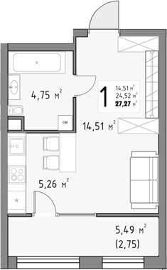 Продается 1-комн. квартира, 24.52 м²