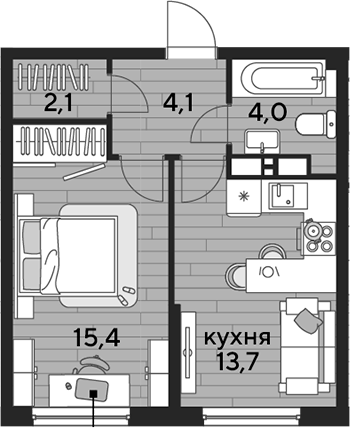 1-комн., 39.3 м², 10/16 этаж, ЖК «DОГМА ПАРК»