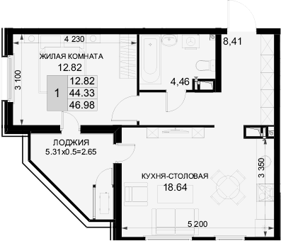 1-комн., 44.33 м², 5/18 этаж, ЖК «Фонтаны»