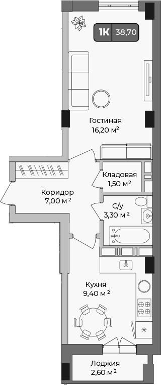 1-комн., 37.4 м², 9/9 этаж, ЖК «Опера»