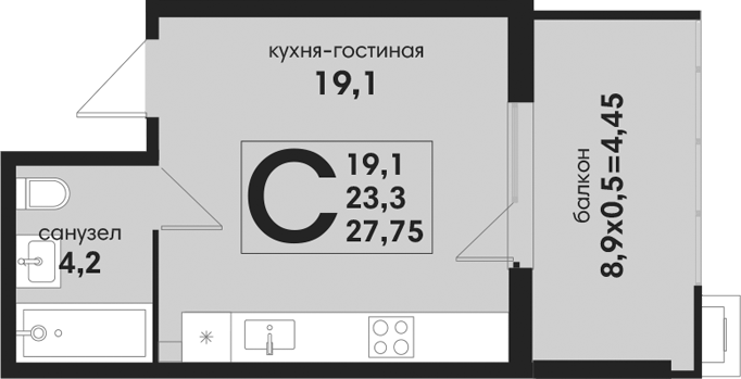 Студия, 23.3 м², 1/4 этаж, ЖК «Новая Елизаветка»