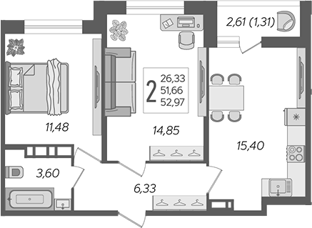 3-комн., 51.66 м², 5/12 этаж, ЖК «Смородина»