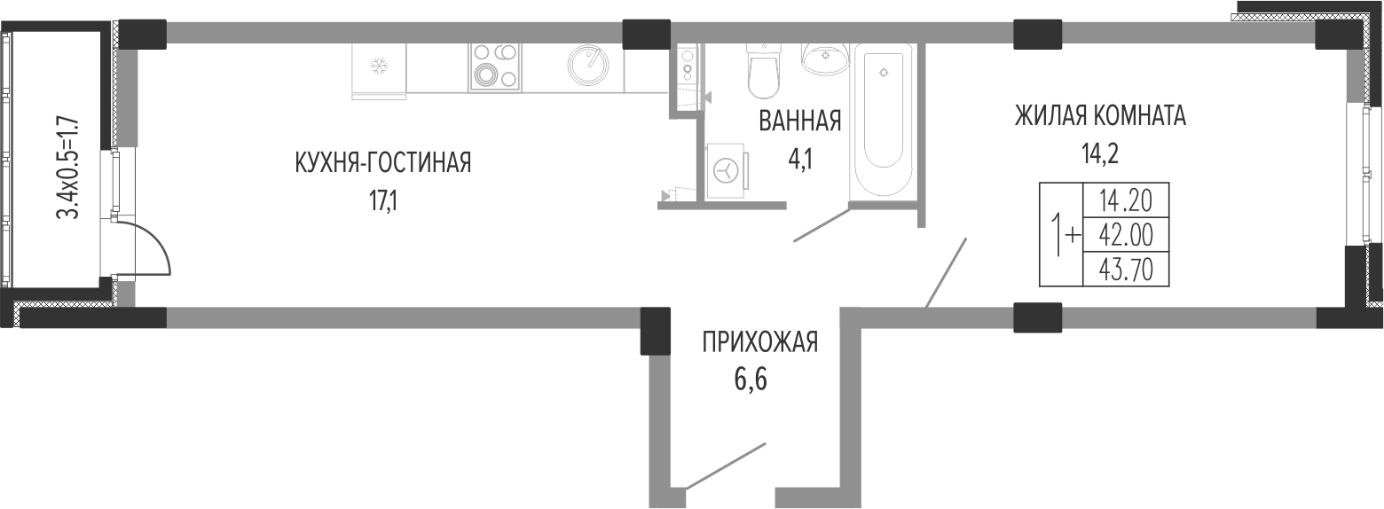 1-комн., 42 м², 2/7 этаж, ЖК «Екатерининский парк»