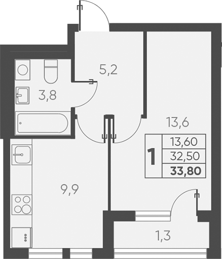 1-комн., 32.5 м², 10/15 этаж, ЖК «Барса»