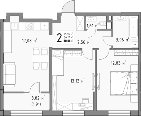 2-комн., 56.17 м², 3/15 этаж, ЖК «Коллекция»