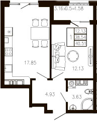 1-комн., 38.92 м², 8/9 этаж, ЖК «Суворов»