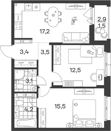 3-комн., 59.4 м², 3/12 этаж, ЖК «Символ. ГК Трест»