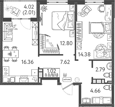 3-комн., 58.8 м², 9/9 этаж, ЖК «Друзья»
