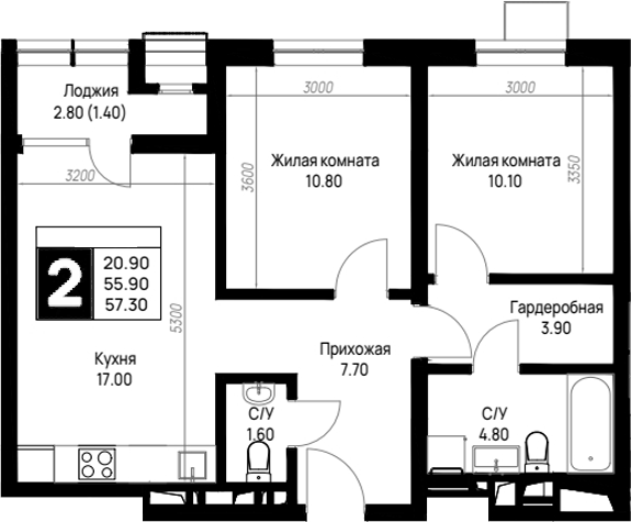 2-комн., 55.9 м², 9/12 этаж, ЖК «На высоком берегу»