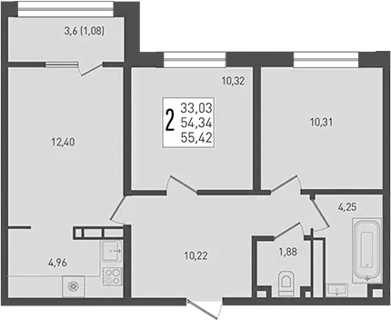 3-комн., 54.34 м², 4/9 этаж, ЖК «Югге»
