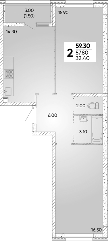 2-комн., 57.8 м², 2/18 этаж, ЖК «Архитектор. ГК ЮгСтройИнвест»