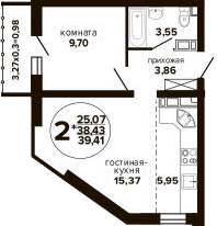2-комн., 38.43 м², 8/24 этаж, ЖК «Гулливер»