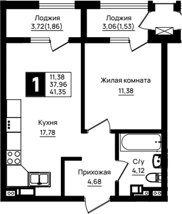 1-комн., 37.96 м², 7/18 этаж, ЖК «Резиденция морей»