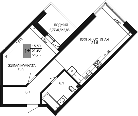 Продается 2-комн. квартира, 51.87 м²