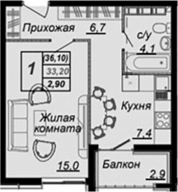 1-комн., 33.2 м², 9/15 этаж, ЖК «Чайные Холмы»