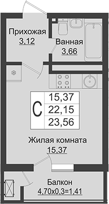 Студия, 22.15 м², 13/16 этаж, ЖК «Зеленый театр»