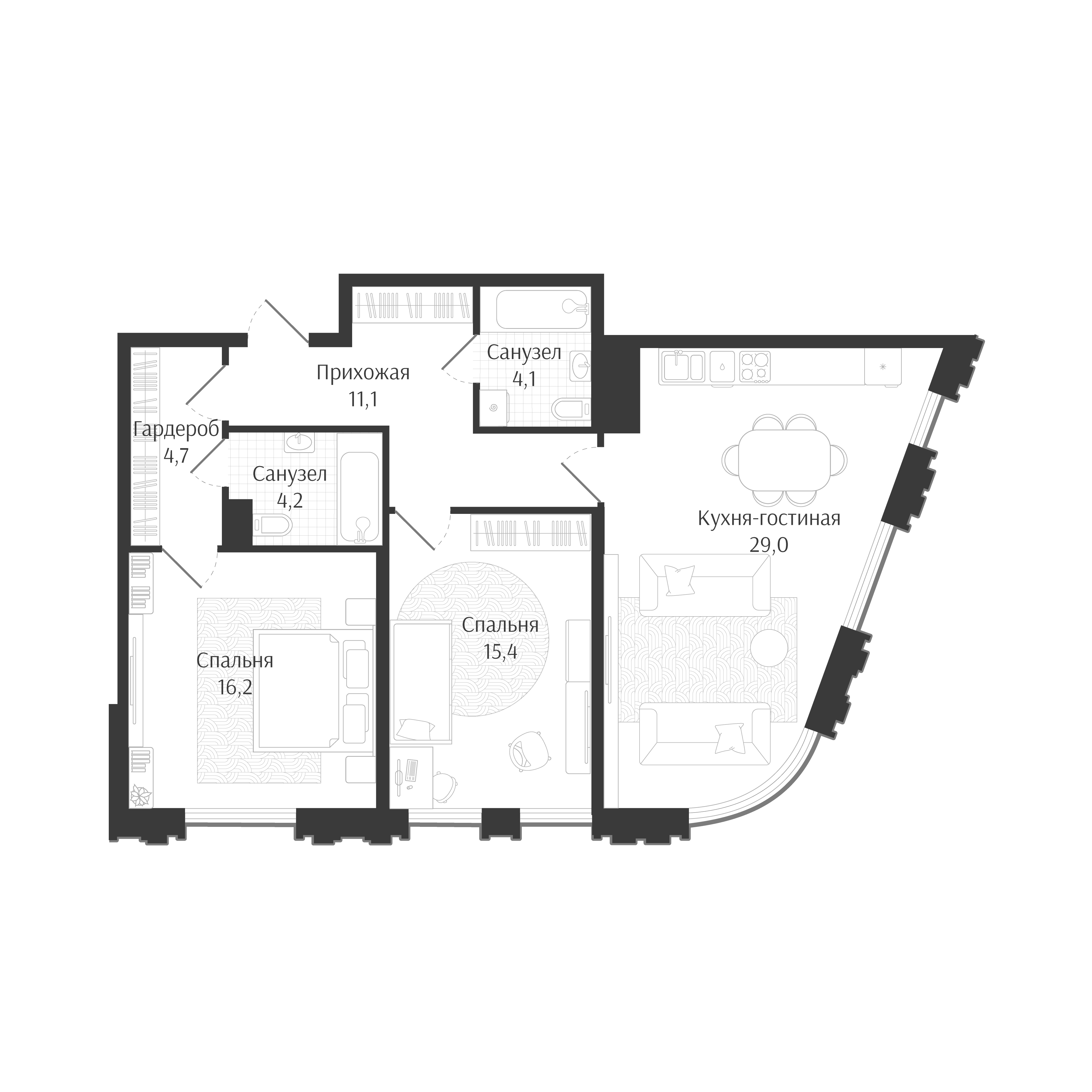 3-комн., 84.7 м², 5/7 этаж, ЖК «Брют Резиденс»
