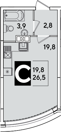 Студия, 26.5 м², 8/16 этаж, ЖК «Самолет»