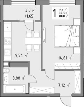 1-комн., 35.15 м², 9/15 этаж, ЖК «Коллекция»