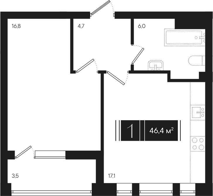 1-комн., 44.65 м², 2/9 этаж, ЖК «Эрмитаж»